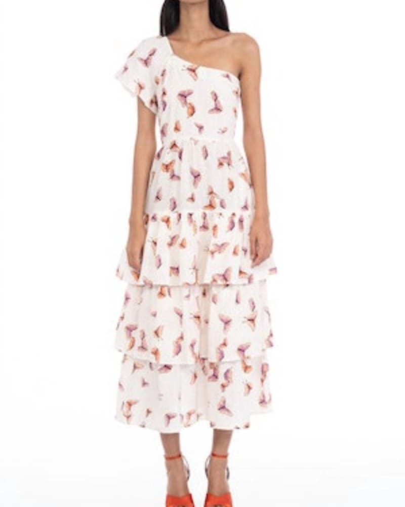Front of a model wearing a size L Lyla Dress in Kaleidoscope in Kaleidoscope by BANJANAN. | dia_product_style_image_id:342746
